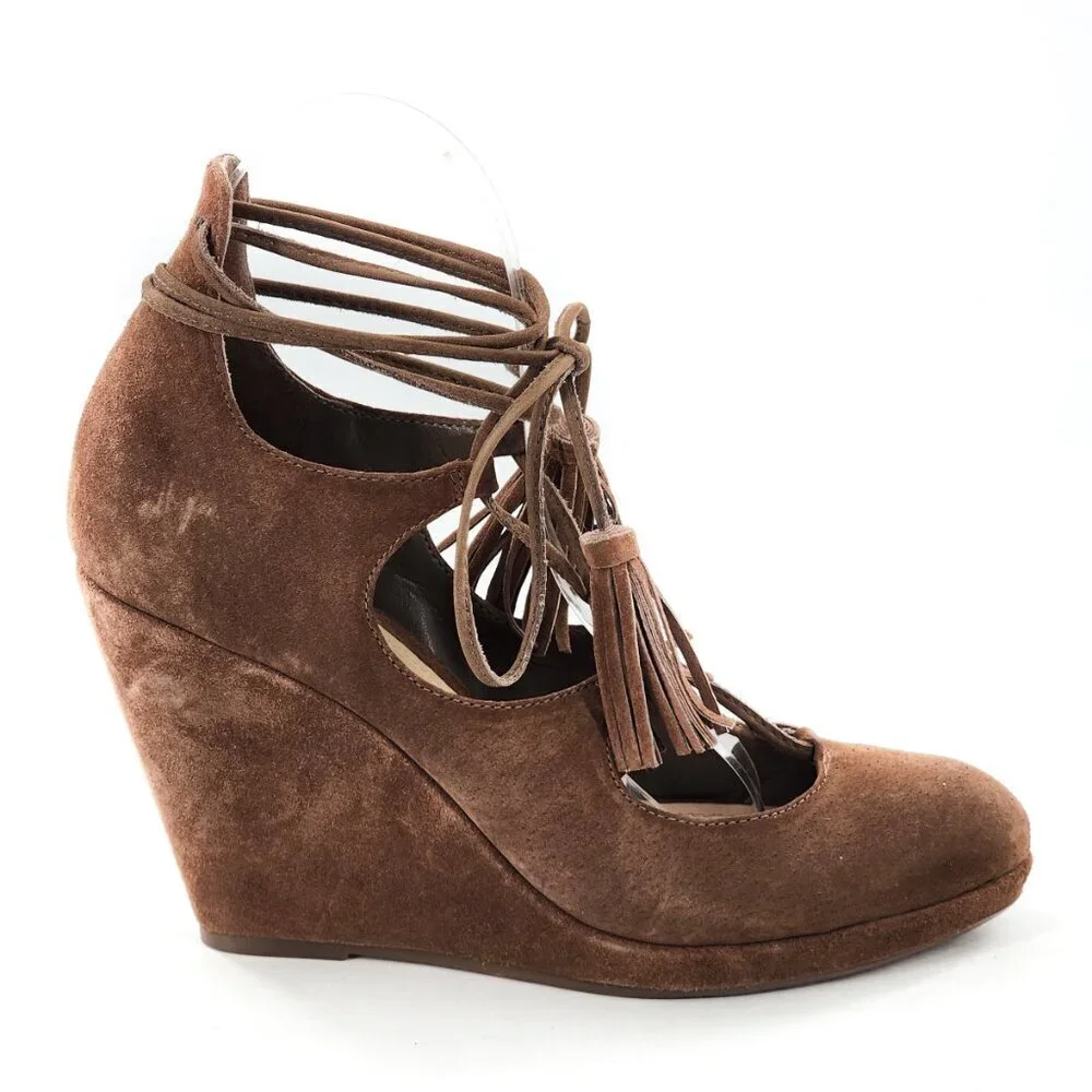 SCHUTZ Brown Suede Lace Up Wedge Heel Pumps With Tassels